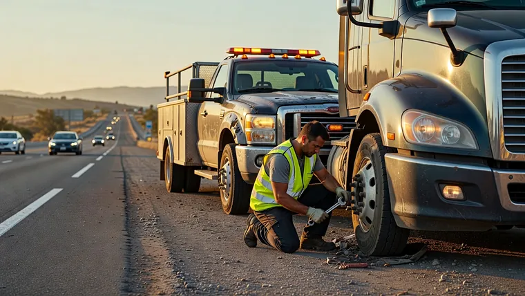 Mobile mechanic repairing a semi truck tire on the shoulder of a California freeway
