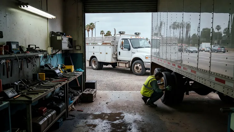 Service truck and trailer in a truck repair shop